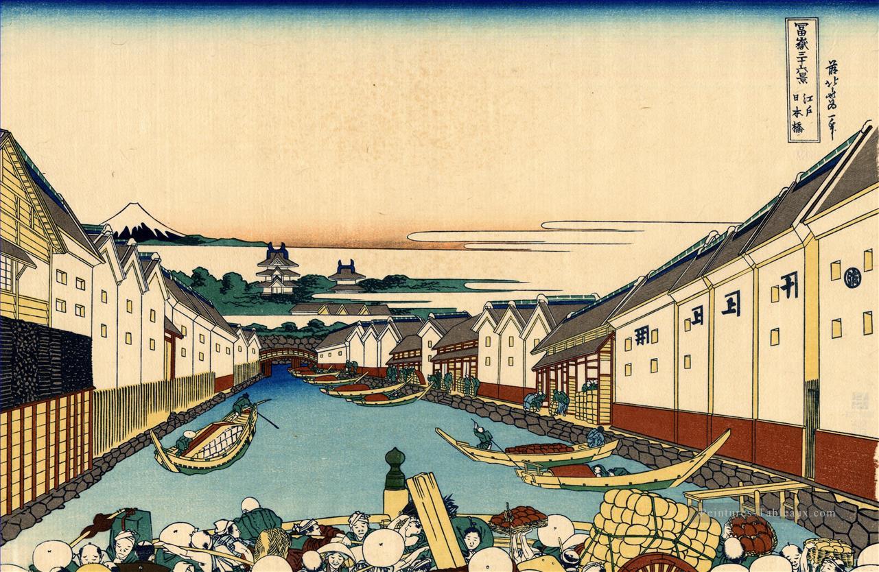 Nihonbashi Bridge in Edo Katsushika Hokusai ukiyoe Peintures à l'huile